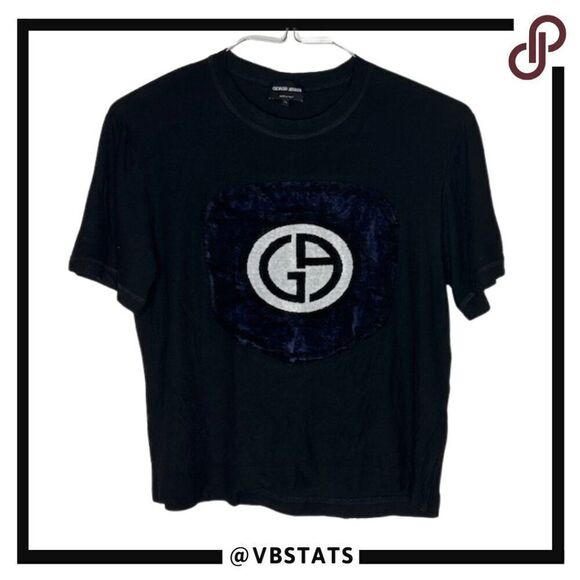 Georgio Armani Women's Black T-Shirt with Velvet Oversized Logo Size 46 (XL/10) - Picture 1 of 7